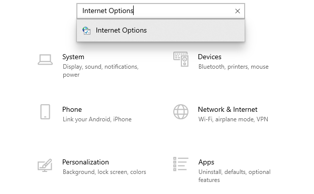 Search for internet options